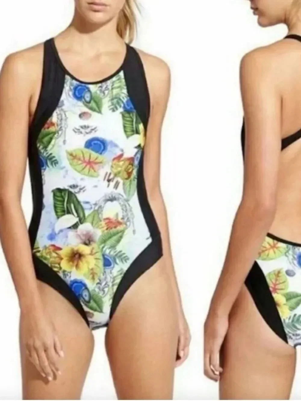 ATHLETA Floral Tropical One-Piece Swimsuit with Black Trim MEDIUM